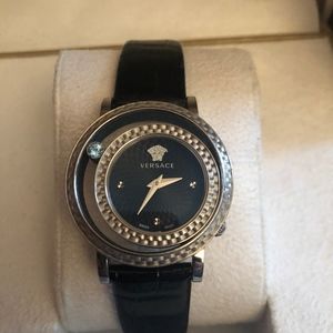 Versace Watch w/ Black Leather Band & Silver Face